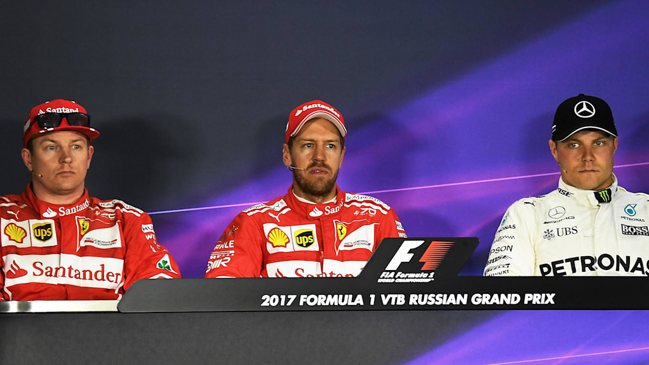 (L to R): Raikkonen Ferrari, Vettel Ferrari and Bottas Mercedes AMG F1 in the Press Conference at F1 World Championship, Rd4, Russian Grand Prix, Qualifying, Sochi Autodrom, Sochi, Krasnodar Krai, Russia, Saturday 29 April 2017. © Sutton Motorsport Images