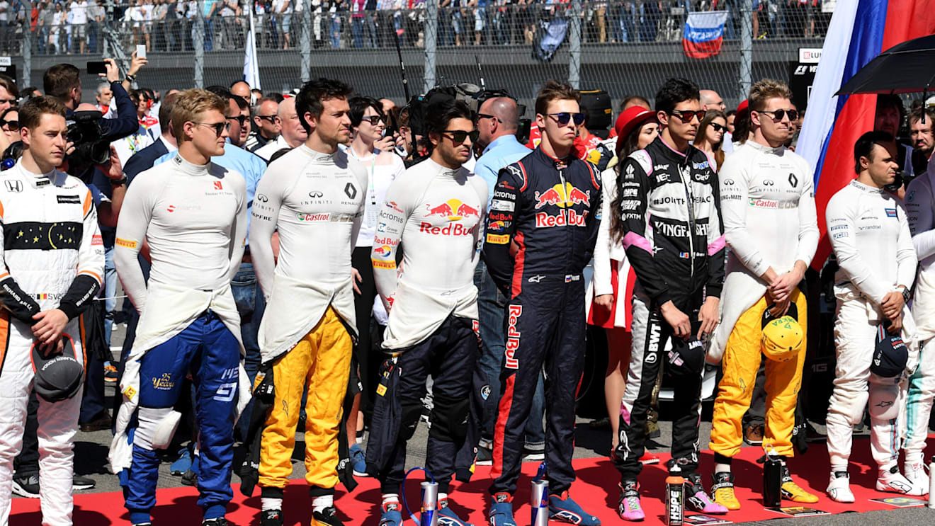 Drivers observe the national anthem on the grid at Formula One World Championship, Rd4, Russian Grand Prix, Race, Sochi Autodrom, Sochi, Krasnodar Krai, Russia, Sunday 30 April 2017. © Sutton Motorsport Images