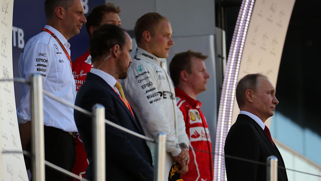Vladimir Putin, President of Russia celebrates with winner Bottas, Vettel, Raikkonen and Tony Ross at F1 World Championship, Rd4, Russian Grand Prix, Race, Sochi Autodrom, Sochi, Krasnodar Krai, Russia, Sunday 30 April 2017. © Sutton Motorsport Images