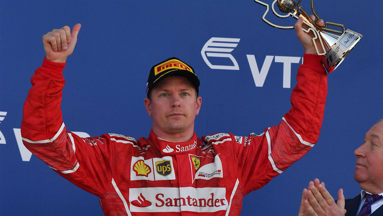 Kimi Raikkonen (FIN) Ferrari celebrates on the podium with the trophy at Formula One World Championship, Rd4, Russian Grand Prix, Race, Sochi Autodrom, Sochi, Krasnodar Krai, Russia, Sunday 30 April 2017. © Sutton Motorsport Images