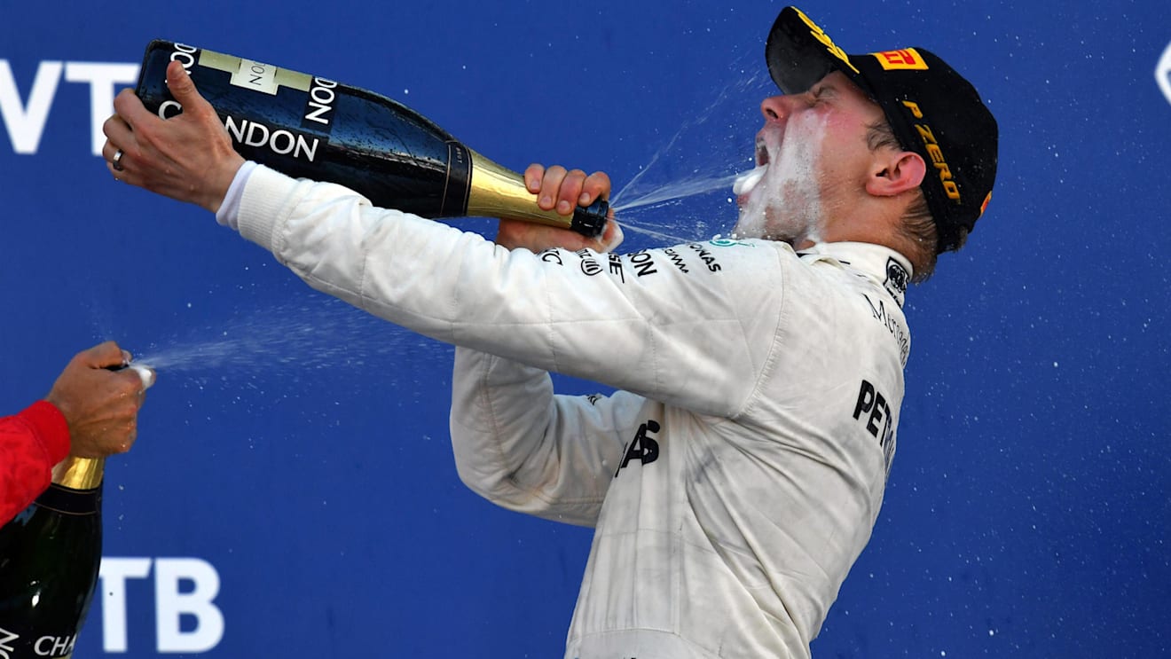 Race winner Valtteri Bottas (FIN) Mercedes AMG F1 celebrates on the podium with the champagne at Formula One World Championship, Rd4, Russian Grand Prix, Race, Sochi Autodrom, Sochi, Krasnodar Krai, Russia, Sunday 30 April 2017. © Sutton Motorsport Images