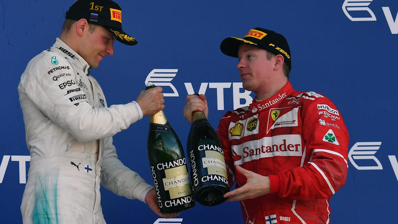 Raikkonen (FIN) and Race winner Bottas (FIN) celebrate on the podium with the champagne at Formula One World Championship, Rd4, Russian Grand Prix, Race, Sochi Autodrom, Sochi, Krasnodar Krai, Russia, Sunday 30 April 2017. © Sutton Motorsport Images