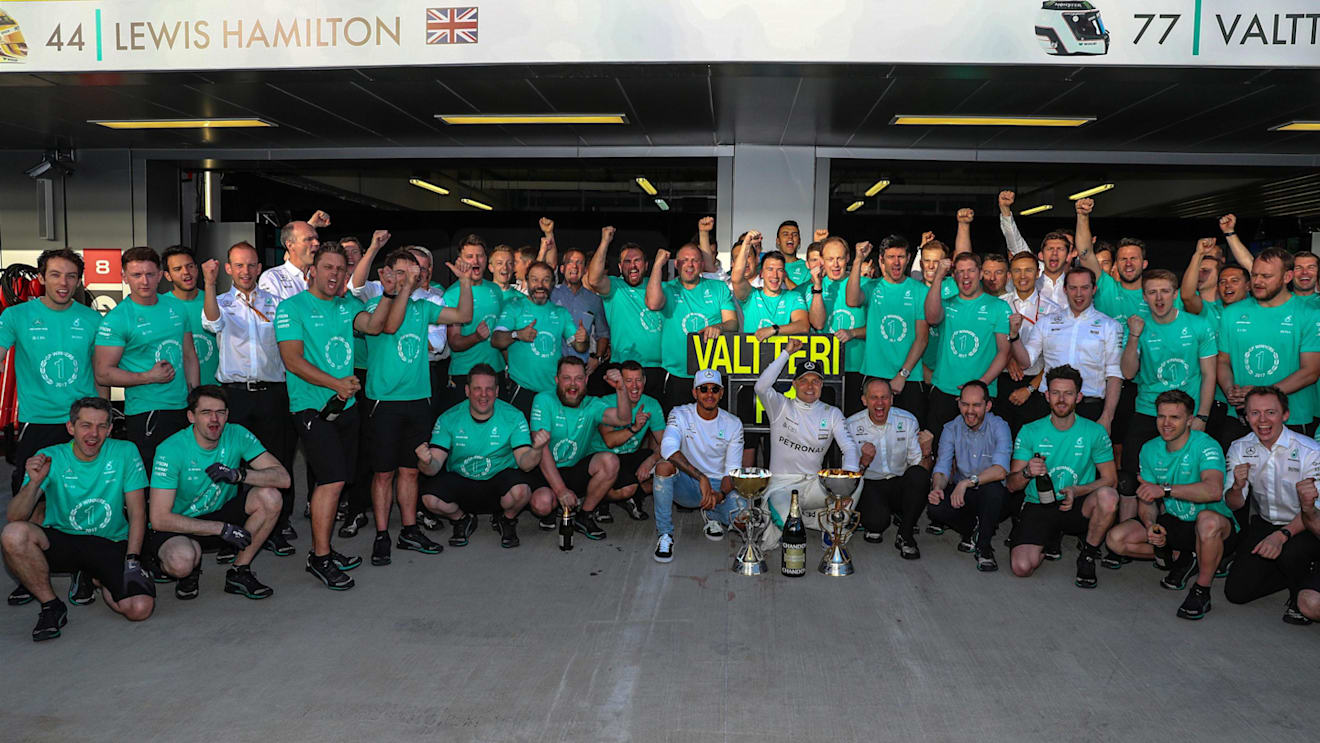 Race winner Bottas Mercedes AMG F1 celebrates with the trophy alongside Hamilton and the team at F1 World Championship, Rd4, Russian Grand Prix, Race, Sochi Autodrom, Sochi, Krasnodar Krai, Russia, Sunday 30 April 2017. © Sutton Motorsport Images