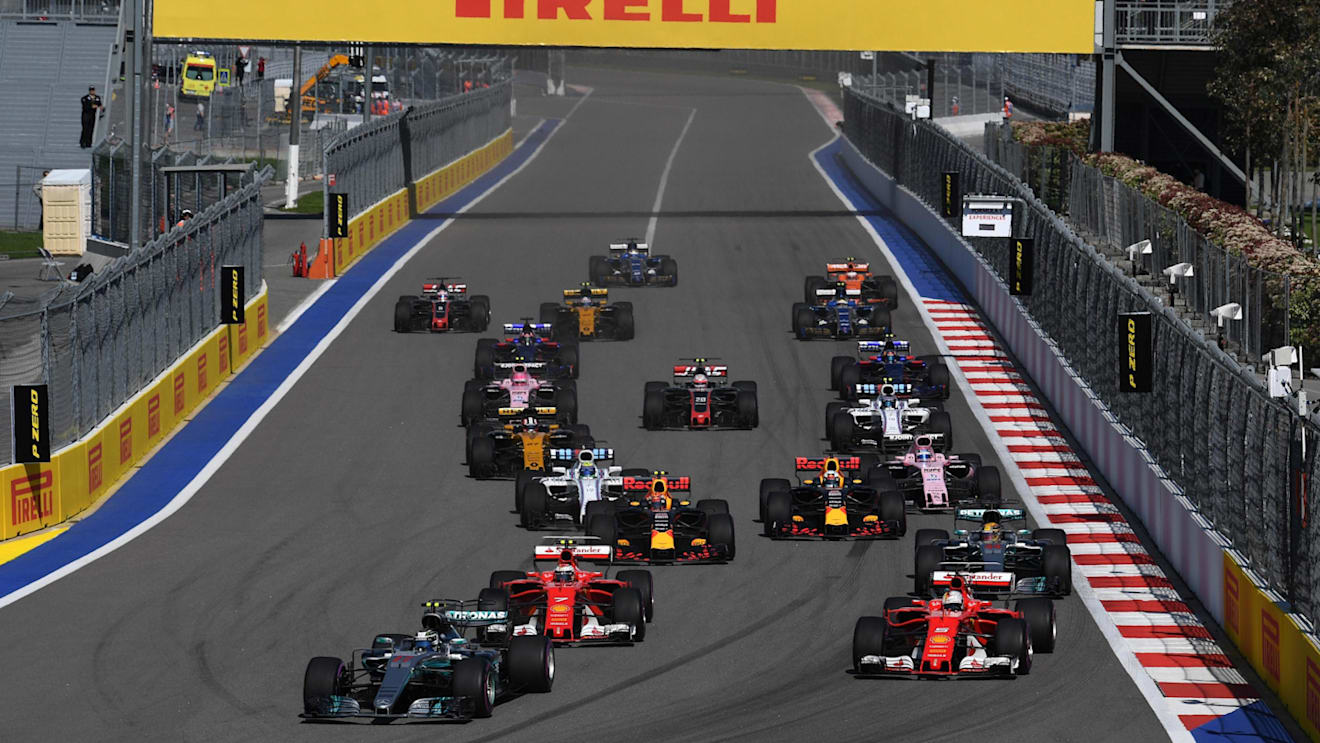 Bottas (FIN) Mercedes-Benz F1 W08 Hybrid and Vettel (GER) Ferrari SF70-H lead at the start of the race at F1 World Championship, Rd4, Russian Grand Prix, Race, Sochi Autodrom, Sochi, Krasnodar Krai, Russia, Sunday 30 April 2017. © Sutton Motorsport Images