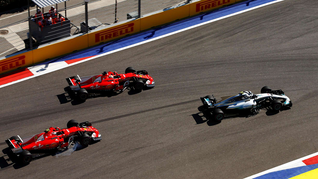 Bottas Mercedes-Benz F1 W08 Hybrid leads Vettel Ferrari SF70-H and Raikkonen Ferrari SF70-H at Formula One World Championship, Rd4, Russian Grand Prix, Race, Sochi Autodrom, Sochi, Krasnodar Krai, Russia, Sunday 30 April 2017. © Sutton Motorsport Images