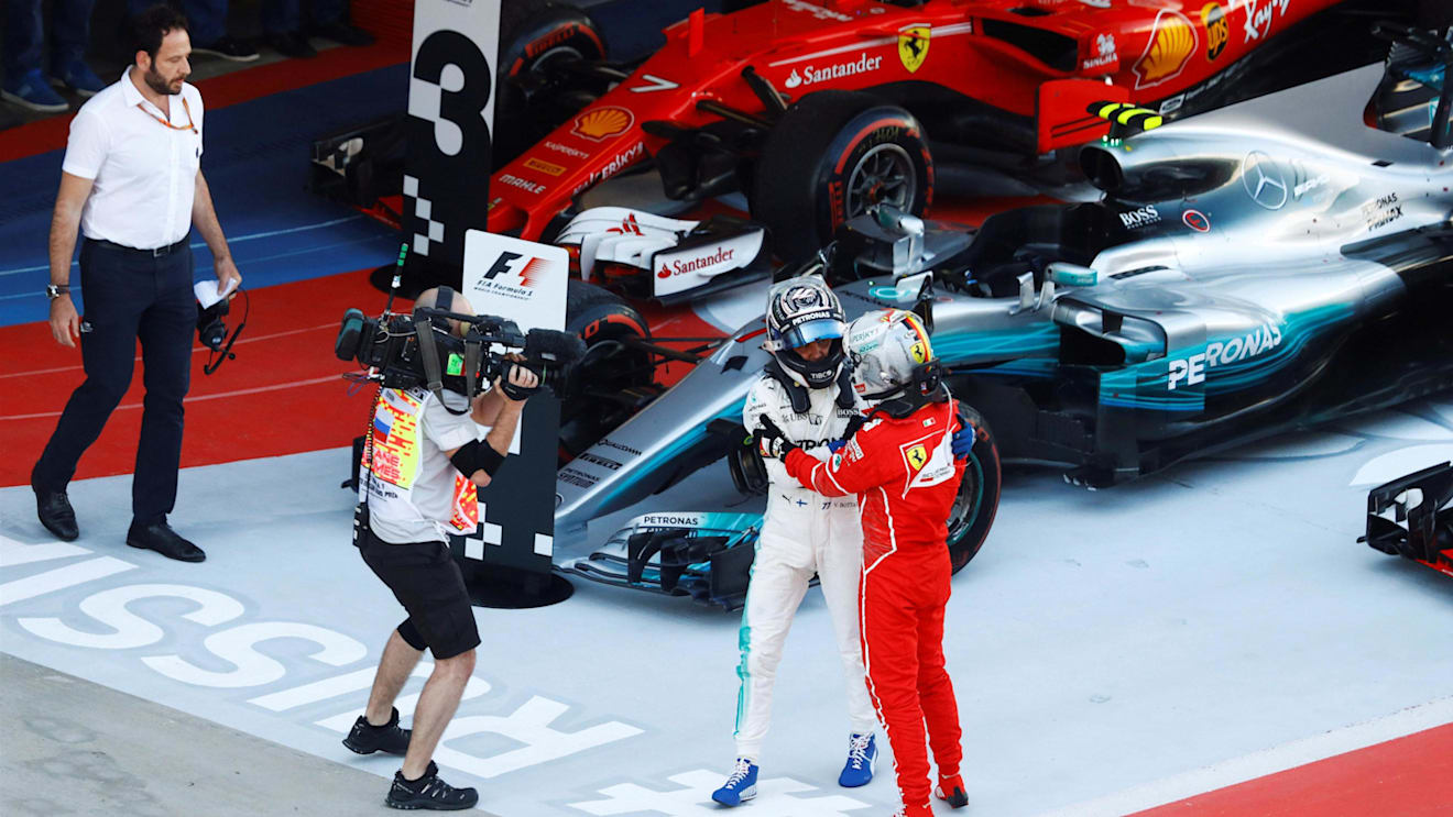 Race winner Bottas Mercedes-Benz F1 celebrates in parc ferme with Vettel (GER) Ferrari SF70-H at Formula One World Championship, Rd4, Russian Grand Prix, Race, Sochi Autodrom, Sochi, Krasnodar Krai, Russia, Sunday 30 April 2017. © Sutton Motorsport Images