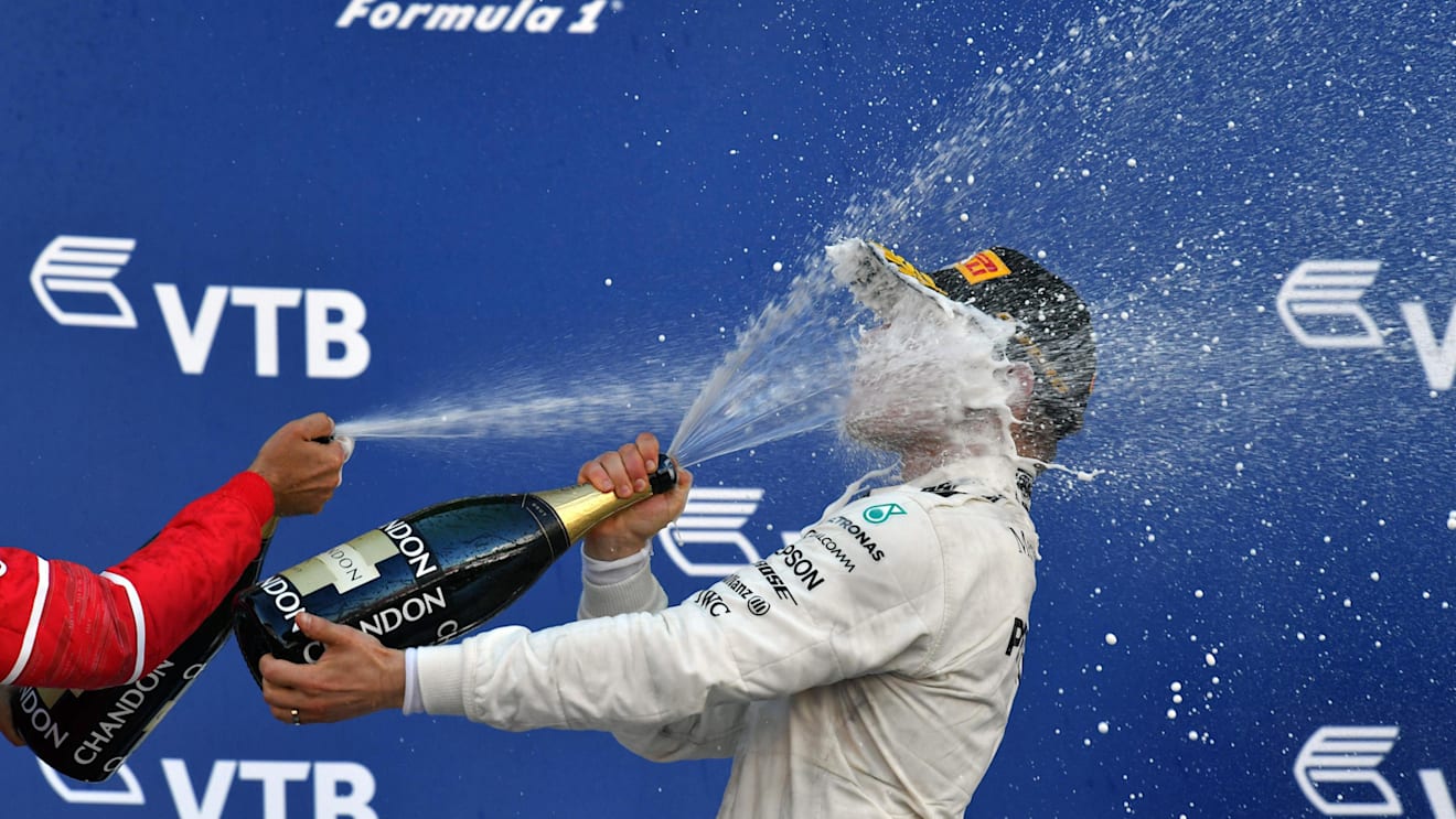 Race winner Valtteri Bottas (FIN) Mercedes AMG F1 celebrates on the podium with the champagne at Formula One World Championship, Rd4, Russian Grand Prix, Race, Sochi Autodrom, Sochi, Krasnodar Krai, Russia, Sunday 30 April 2017. © Sutton Motorsport Images