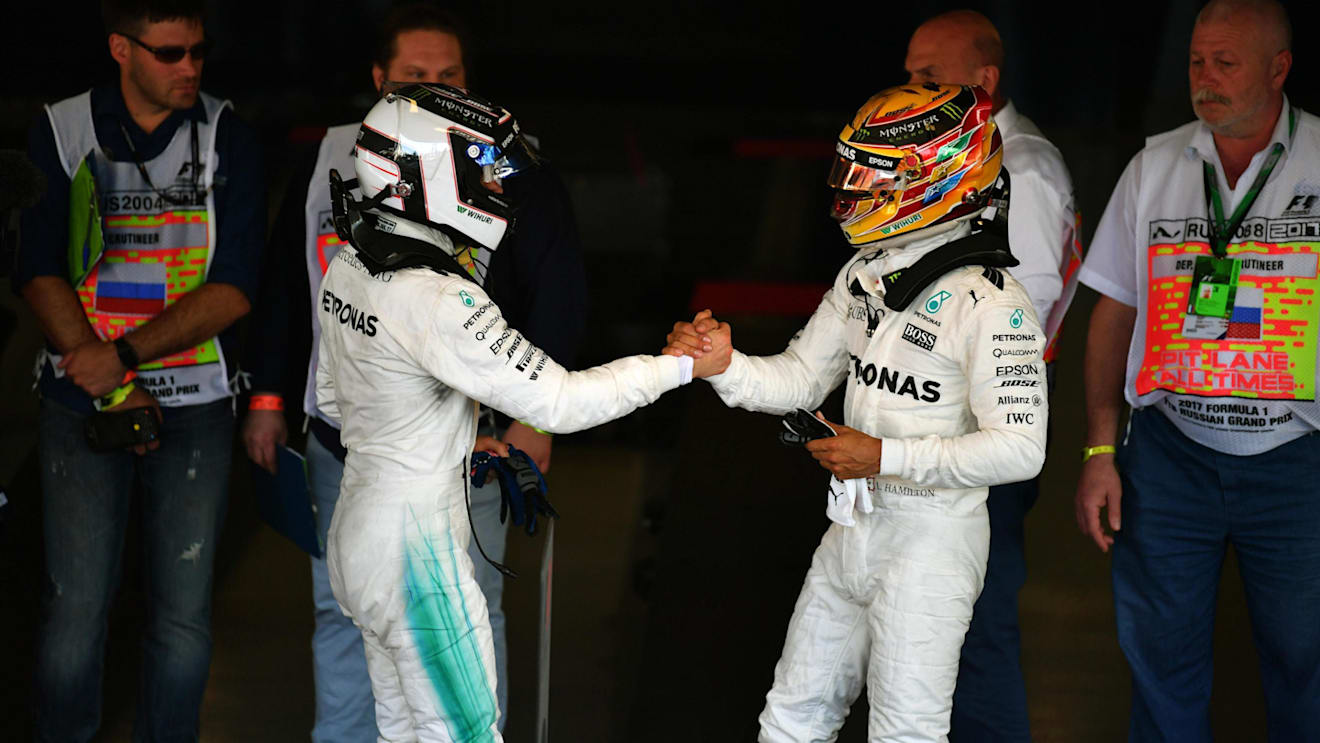 Race winner Bottas (FIN) Mercedes and Lewis Hamilton (GBR) Mercedes celebrate in parc ferme at Formula One World Championship, Rd4, Russian Grand Prix, Race, Sochi Autodrom, Sochi, Krasnodar Krai, Russia, Sunday 30 April 2017. © Sutton Motorsport Images