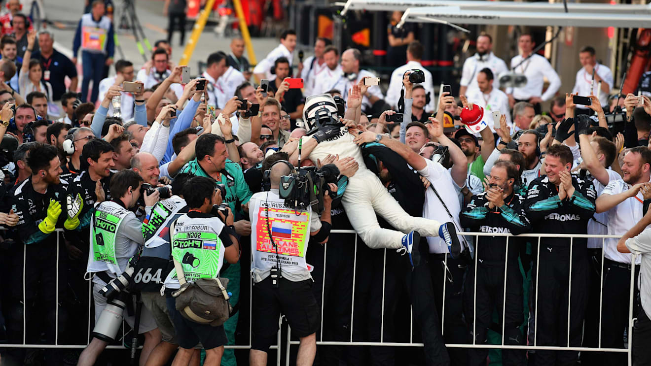 Race winner Valtteri Bottas (FIN) Mercedes AMG F1 celebrates in parc ferme at Formula One World Championship, Rd4, Russian Grand Prix, Race, Sochi Autodrom, Sochi, Krasnodar Krai, Russia, Sunday 30 April 2017. © Sutton Motorsport Images