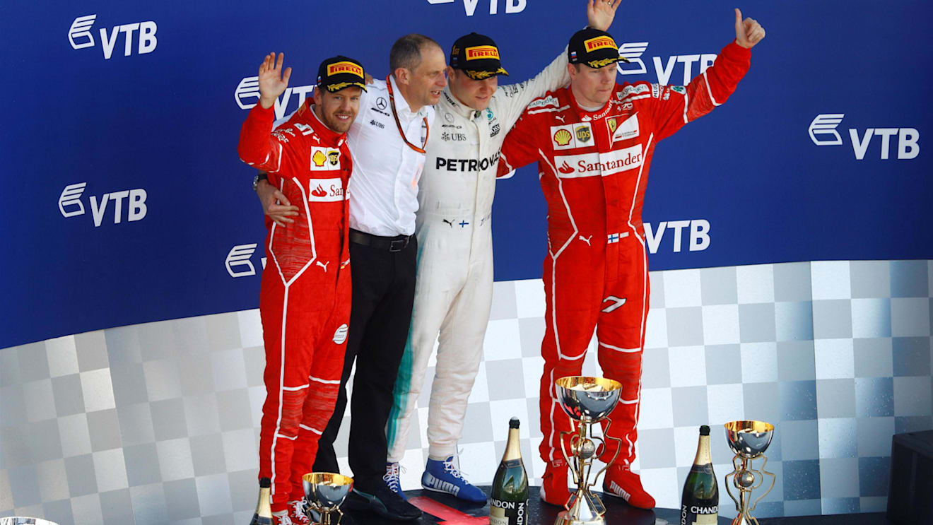 (L to R): Vettel Ferrari, Ross (GBR), Bottas Mercedes and Raikkonen Ferrari celebrate on the podium at F1 World Championship, Rd4, Russian Grand Prix, Race, Sochi Autodrom, Sochi, Krasnodar Krai, Russia, Sunday 30 April 2017. © Sutton Motorsport Images