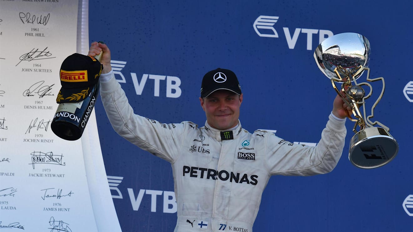 Race winner Valtteri Bottas (FIN) Mercedes AMG F1 celebrates on the podium with the trophy at Formula One World Championship, Rd4, Russian Grand Prix, Race, Sochi Autodrom, Sochi, Krasnodar Krai, Russia, Sunday 30 April 2017. © Sutton Motorsport Images