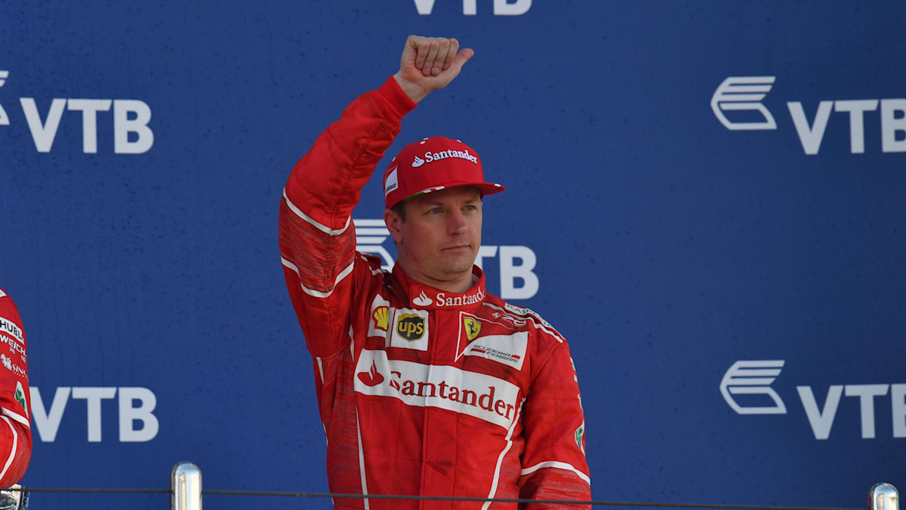 Kimi Raikkonen (FIN) Ferrari celebrates on the podium at Formula One World Championship, Rd4, Russian Grand Prix, Race, Sochi Autodrom, Sochi, Krasnodar Krai, Russia, Sunday 30 April 2017. © Sutton Motorsport Images