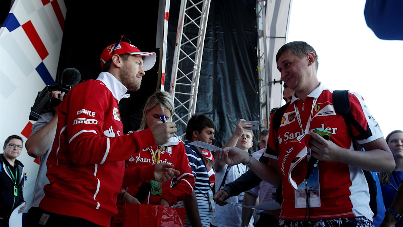Sebastian Vettel (GER) Ferrari signs autographs for the fans at Formula One World Championship, Rd4, Russian Grand Prix, Preparations, Sochi Autodrom, Sochi, Krasnodar Krai, Russia, Thursday 27 April 2017. © Sutton Motorsport Images