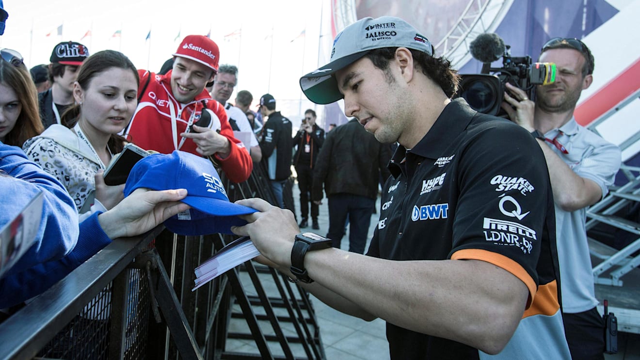 Sergio Perez Force India signs autographs for the fans at the autograph session at Formula One World Championship, Rd4, Russian Grand Prix, Preparations, Sochi Autodrom, Sochi, Krasnodar Krai, Russia, Thursday 27 April 2017. © Sutton Motorsport Images