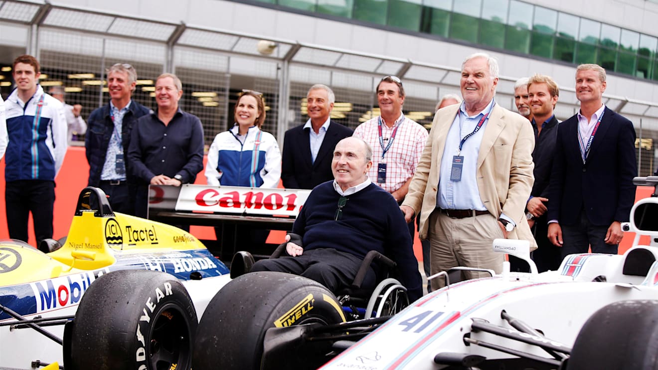 Frank Williams (GBR) Williams Team Owner with Nigel Mansell (GBR), Claire Williams (GBR) Williams Deputy Team Principal, Nico Rosberg (GER) Mercedes-Benz Ambassador, David Coulthard (GBR), Martin Brundle (GBR), Paul di Resta (GBR), Patrick Head (GBR) Williams Director of Engineering, Riccardo Patrese (ITA), Keke Rosberg (FIN) and Damon Hill (GBR) at Williams British Grand Prix Preview Day, Silverstone, England, 2 June 2017. © Sutton Images