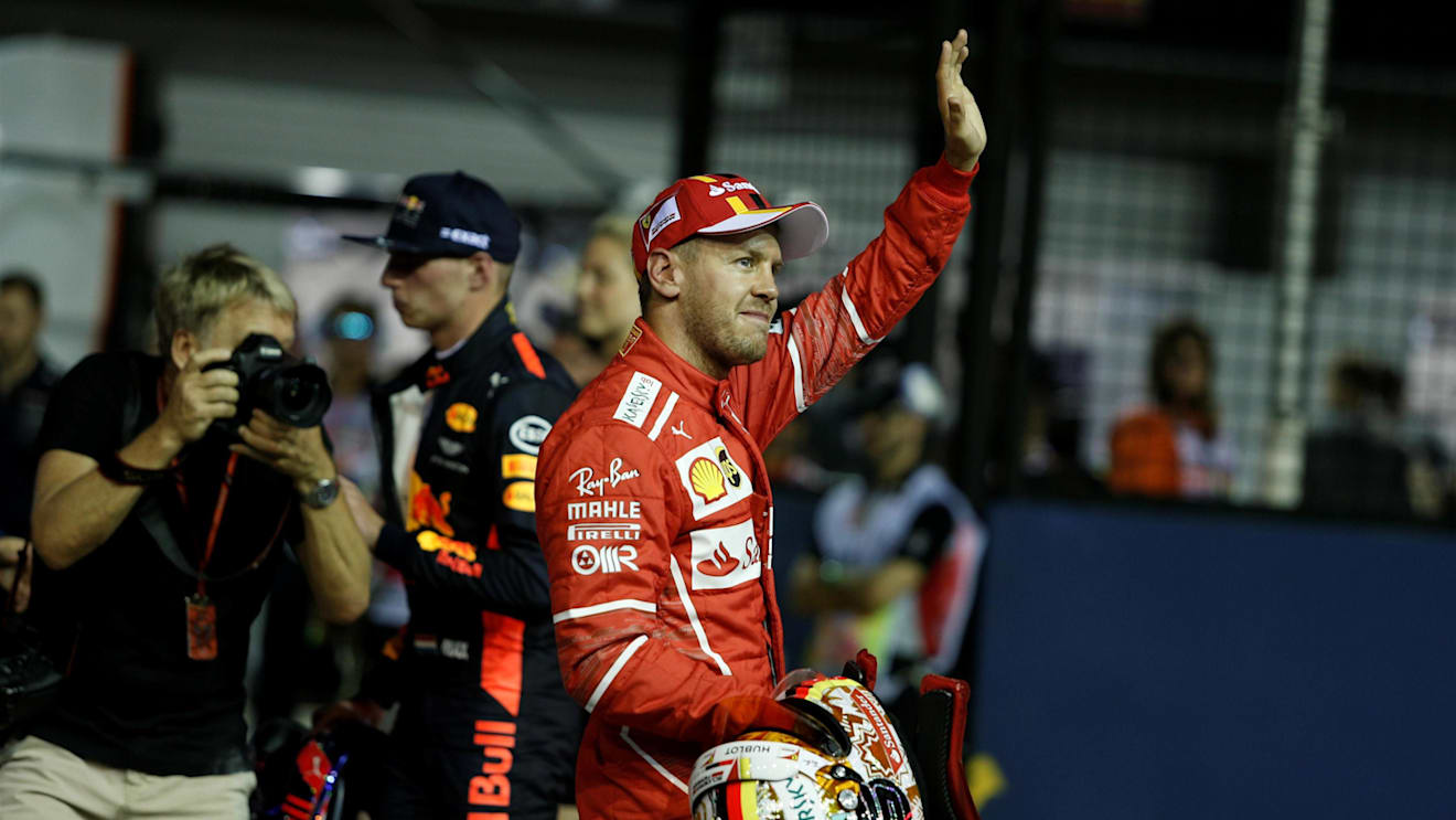 Pole sitter Sebastian Vettel (GER) Ferrari celebrates in parc ferme at Formula One World Championship, Rd14, Singapore Grand Prix, Qualifying, Marina Bay Street Circuit, Singapore, Saturday 16 September 2017. © Sutton Images