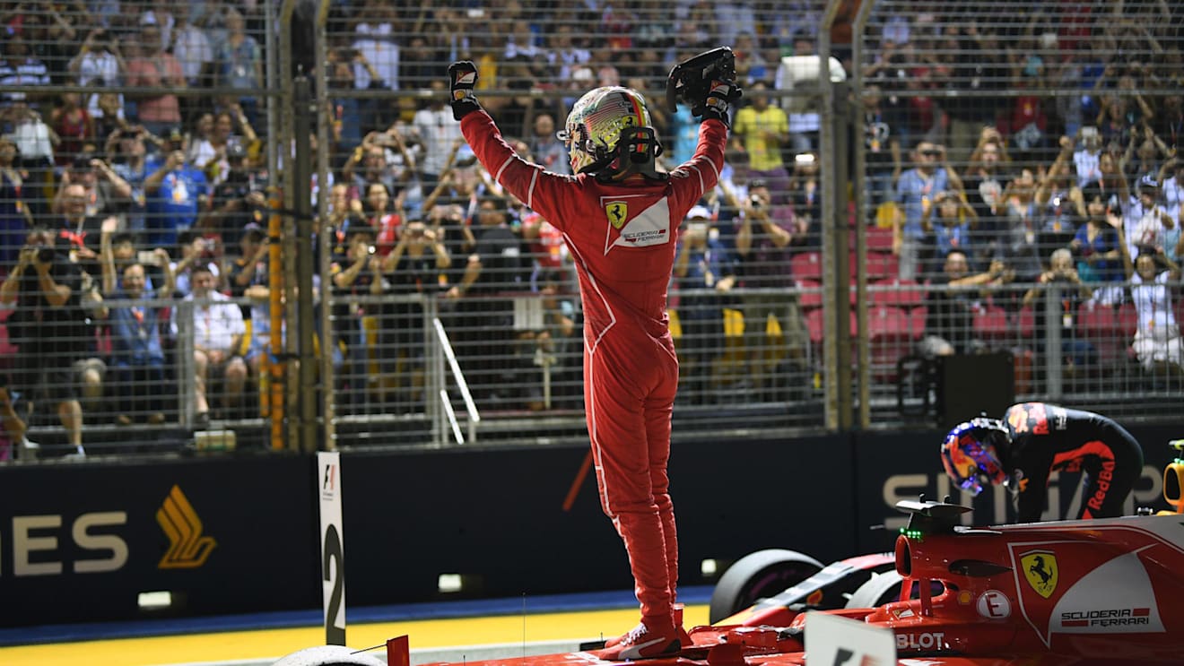 Pole sitter Sebastian Vettel (GER) Ferrari SF70-H celebrates in parc ferme at Formula One World Championship, Rd14, Singapore Grand Prix, Qualifying, Marina Bay Street Circuit, Singapore, Saturday 16 September 2017. © Sutton Images