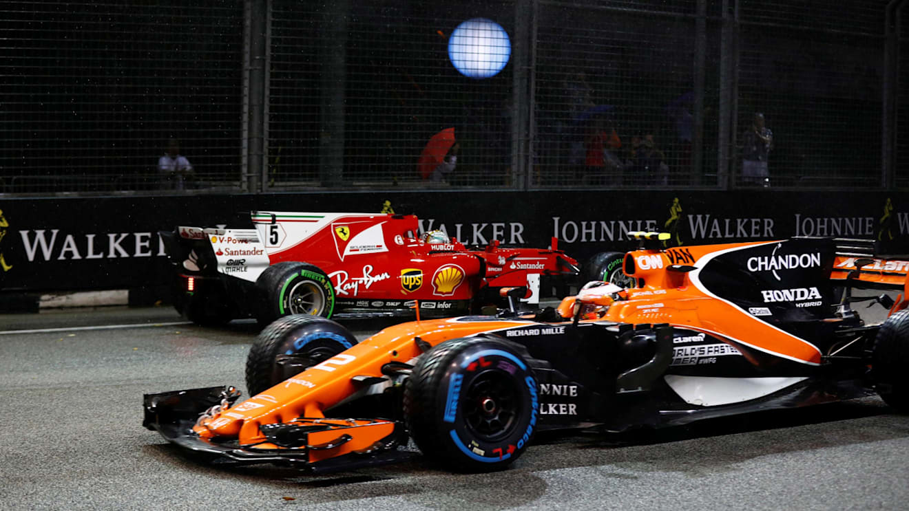 Sebastian Vettel (GER) Ferrari SF70-H crashes on lap one at Formula One World Championship, Rd14, Singapore Grand Prix, Race, Marina Bay Street Circuit, Singapore, Sunday 17 September 2017. © Kym Illman/Sutton Images