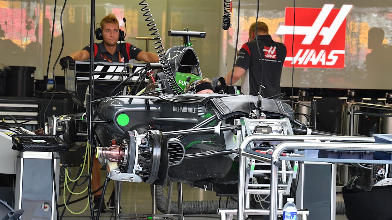Haas VF-17 in the garage at Formula One World Championship, Rd14, Singapore Grand Prix, Preparations, Marina Bay Street Circuit, Singapore, Thursday 14 September 2017. © Sutton Images