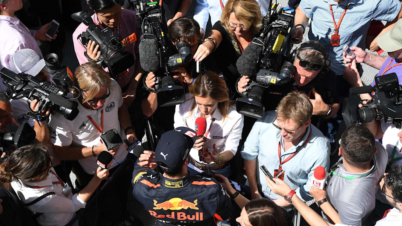 Daniel Ricciardo (AUS) Red Bull Racing talks with the media at Formula One World Championship, Rd5, Spanish Grand Prix, Practice, Barcelona, Spain, Friday 12 May 2017. © Sutton Motorsport Images