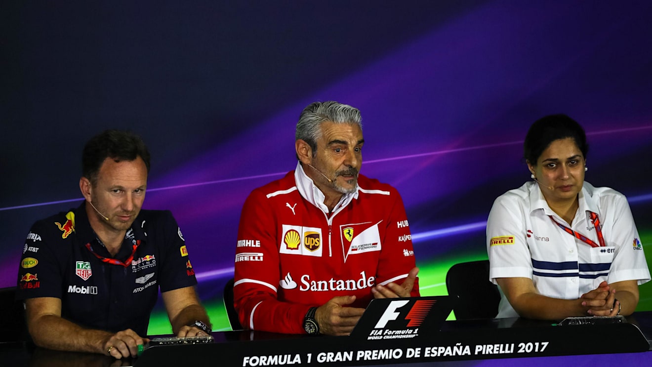 (L to R): Christian Horner (GBR) Red Bull Racing Team Principal, Maurizio Arrivabene (ITA) Ferrari Team Principal and Monisha Kaltenborn (AUT) Sauber Team Prinicpal in the Press Conference at Formula One World Championship, Rd5, Spanish Grand Prix, Practice, Barcelona, Spain, Friday 12 May 2017. © Sutton Motorsport Images/Kym Illman