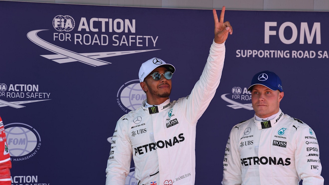 Pole sitter Lewis Hamilton (GBR) Mercedes AMG F1 and Valtteri Bottas (FIN) Mercedes AMG F1 celebrate in parc ferme at Formula One World Championship, Rd5, Spanish Grand Prix, Qualifying, Barcelona, Spain, Saturday 13 May 2017. © Sutton Motorsport Images