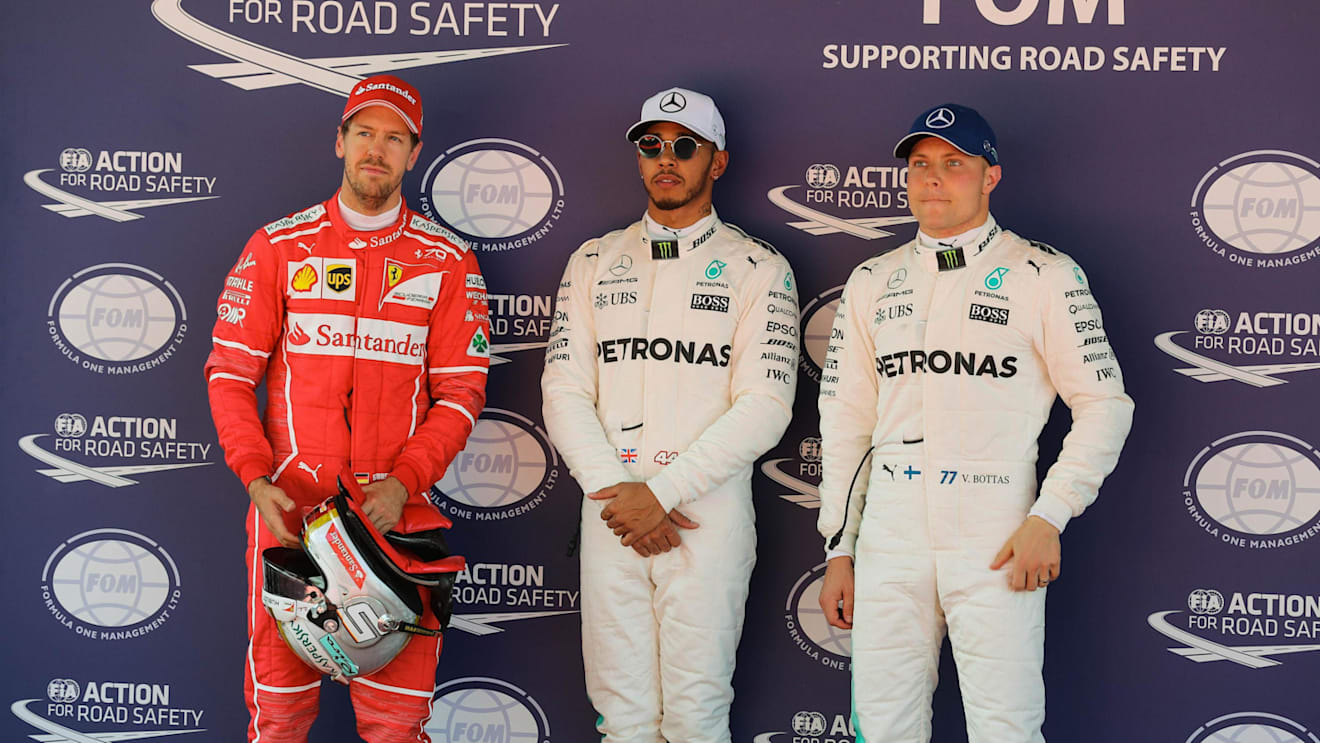 (L to R): Sebastian Vettel (GER) Ferrari, pole sitter Lewis Hamilton (GBR) Mercedes AMG F1 and Valtteri Bottas (FIN) Mercedes AMG F1 in parc ferme at Formula One World Championship, Rd5, Spanish Grand Prix, Qualifying, Barcelona, Spain, Saturday 13 May 20