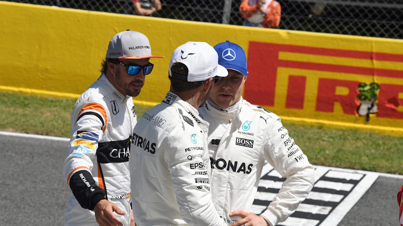 Fernando Alonso (ESP) McLaren, Lewis Hamilton (GBR) Mercedes AMG F1 and Valtteri Bottas (FIN) Mercedes AMG F1 in parc ferme at Formula One World Championship, Rd5, Spanish Grand Prix, Qualifying, Barcelona, Spain, Saturday 13 May 2017. © Sutton Motorsport Images