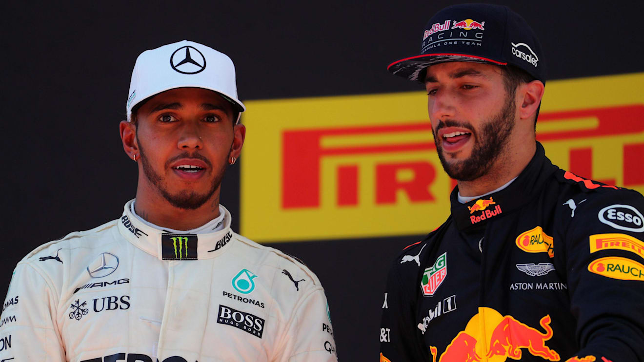 Race winner Lewis Hamilton (GBR) Mercedes AMG F1 celebrates on the podium with Daniel Ricciardo (AUS) Red Bull Racing at Formula One World Championship, Rd5, Spanish Grand Prix, Race, Barcelona, Spain, Sunday 14 May 2017. © Sutton Motorsport Images