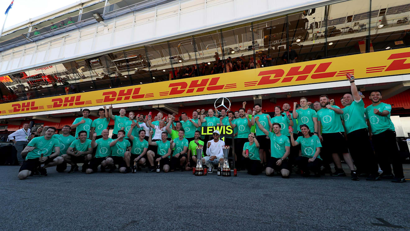 Race winner Lewis Hamilton (GBR) Mercedes AMG F1 celebrates with the team and the trophies at Formula One World Championship, Rd5, Spanish Grand Prix, Race, Barcelona, Spain, Sunday 14 May 2017. © Sutton Motorsport Images