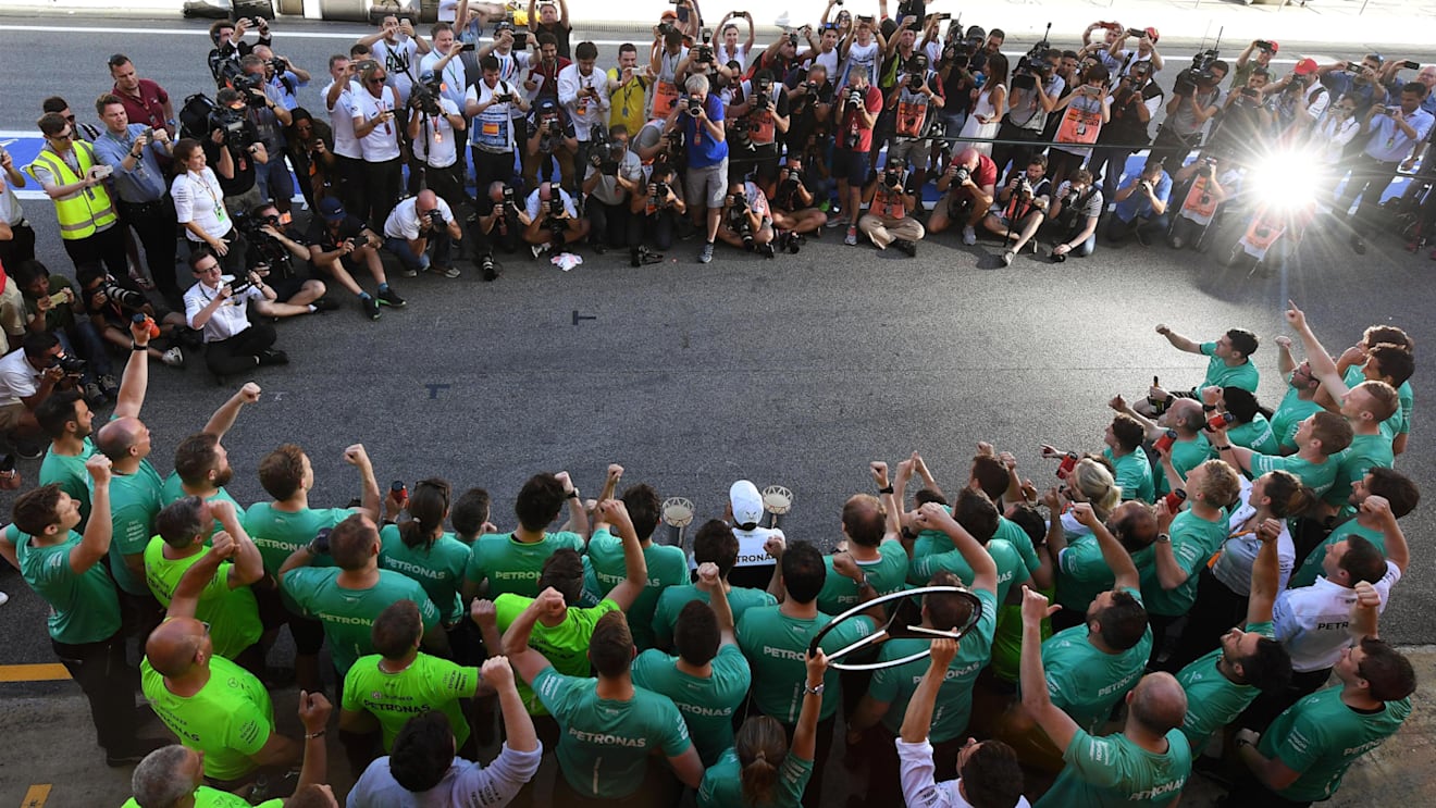 Lewis Hamilton (GBR) Mercedes AMG F1 celebrates with the team and the trophies at Formula One World Championship, Rd5, Spanish Grand Prix, Race, Barcelona, Spain, Sunday 14 May 2017. © Sutton Motorsport Images