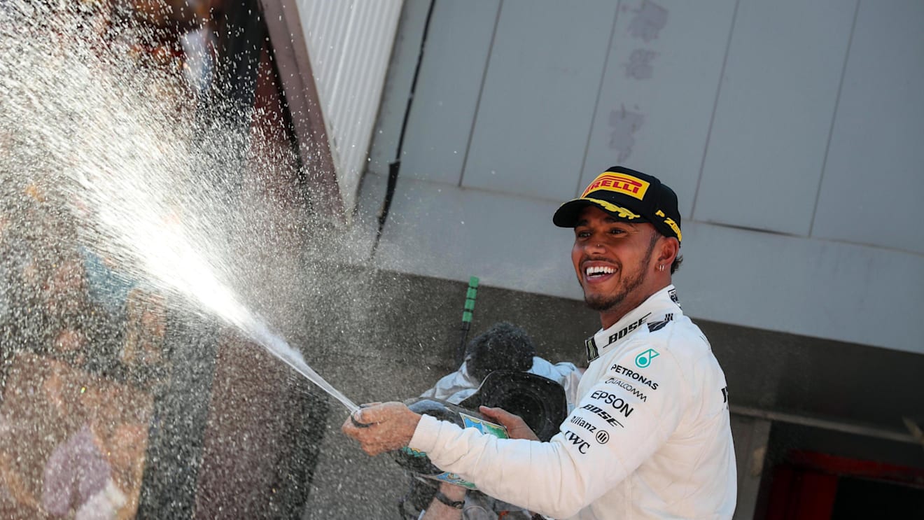 Lewis Hamilton (GBR) Mercedes AMG F1 celebrates with the champagne on the podium at Formula One World Championship, Rd5, Spanish Grand Prix, Race, Barcelona, Spain, Sunday 14 May 2017. © Sutton Motorsport Images