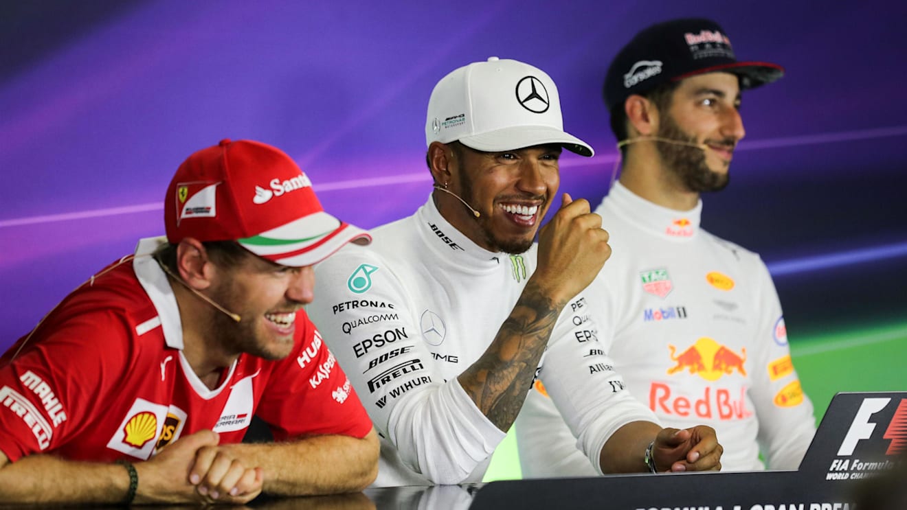 Sebastian Vettel (GER) Ferrari, Lewis Hamilton (GBR) Mercedes AMG F1 and Daniel Ricciardo (AUS) Red Bull Racing in the Press Conference at Formula One World Championship, Rd5, Spanish Grand Prix, Race, Barcelona, Spain, Sunday 14 May 2017. © Sutton Motorsport Images