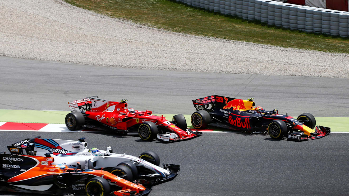 Kimi Raikkonen (FIN) Ferrari SF70-H AND Max Verstappen (NED) Red Bull Racing RB13 collide at Formula One World Championship, Rd5, Spanish Grand Prix, Race, Barcelona, Spain, Sunday 14 May 2017. © Sutton Motorsport Images
