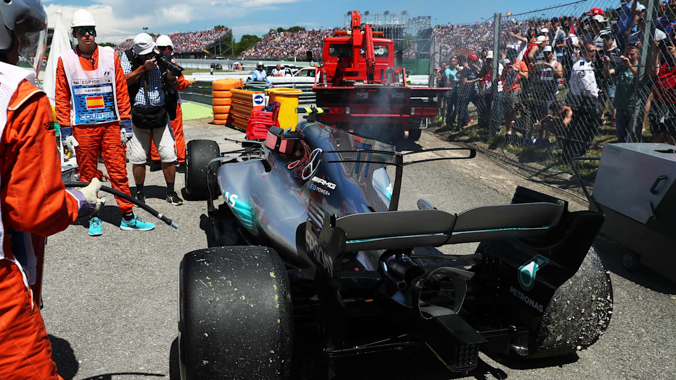 The car of race retiree Valtteri Bottas (FIN) Mercedes-Benz F1 W08 Hybrid at Formula One World Championship, Rd5, Spanish Grand Prix, Race, Barcelona, Spain, Sunday 14 May 2017. © Sutton Motorsport Images