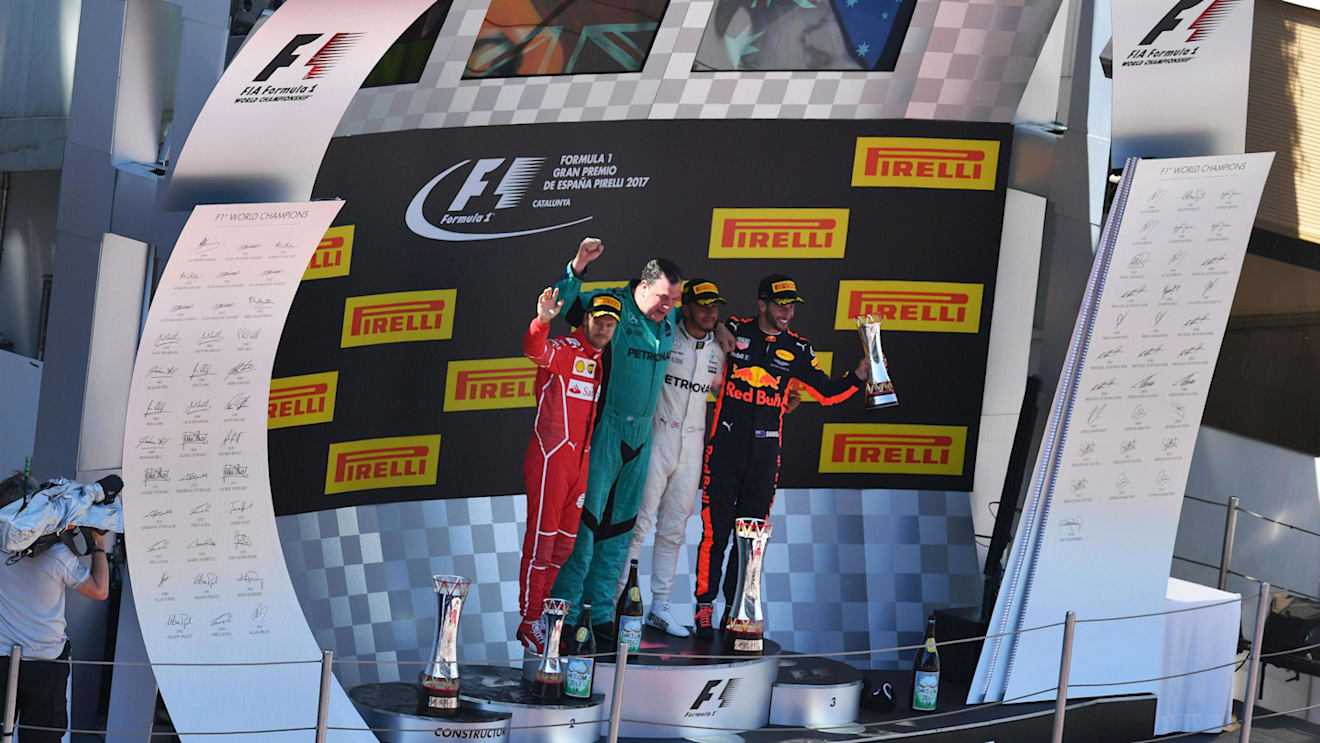 Sebastian Vettel (GER) Ferrari, Lewis Hamilton (GBR) Mercedes AMG F1 and Daniel Ricciardo (AUS) Red Bull Racing celebrate on the podium at Formula One World Championship, Rd5, Spanish Grand Prix, Race, Barcelona, Spain, Sunday 14 May 2017. © Sutton Motorsport Images