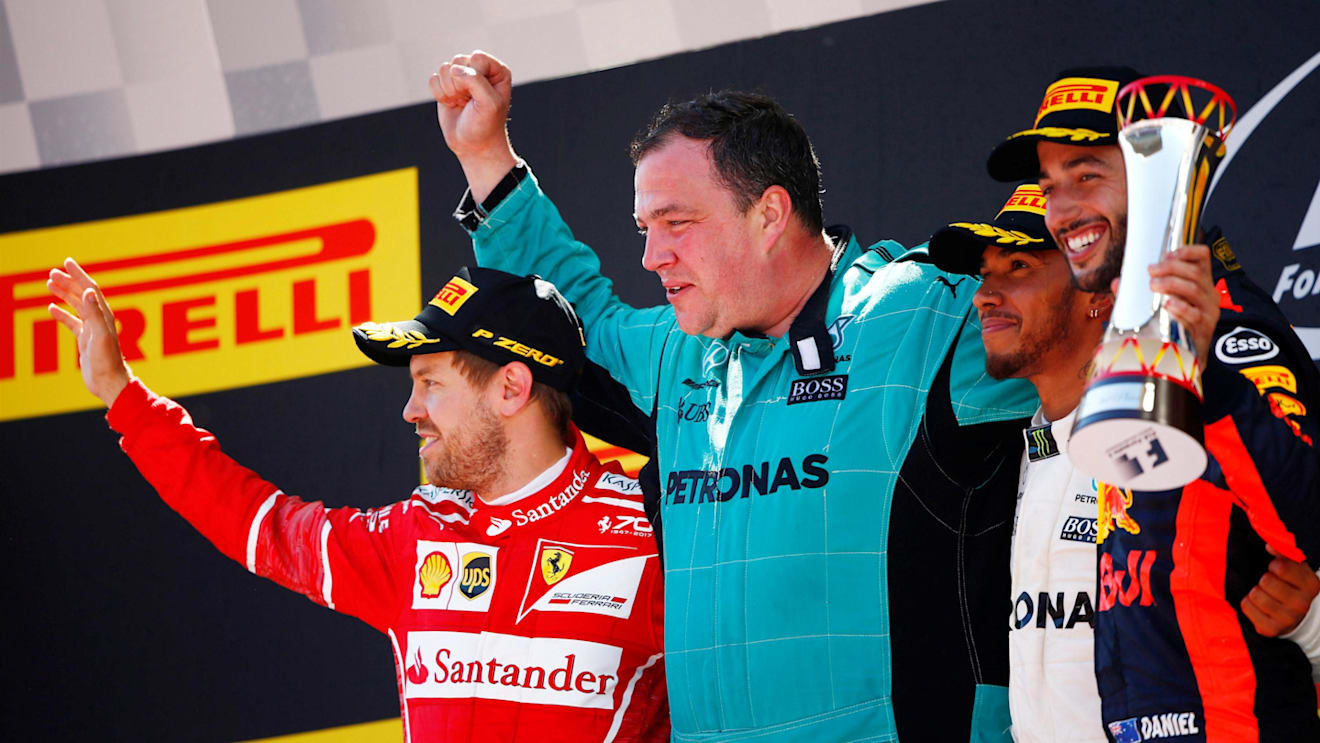 Sebastian Vettel (GER) Ferrari, Lewis Hamilton (GBR) Mercedes AMG F1 and Daniel Ricciardo (AUS) Red Bull Racing celebrate on the podium at Formula One World Championship, Rd5, Spanish Grand Prix, Race, Barcelona, Spain, Sunday 14 May 2017. © Sutton Motorsport Images