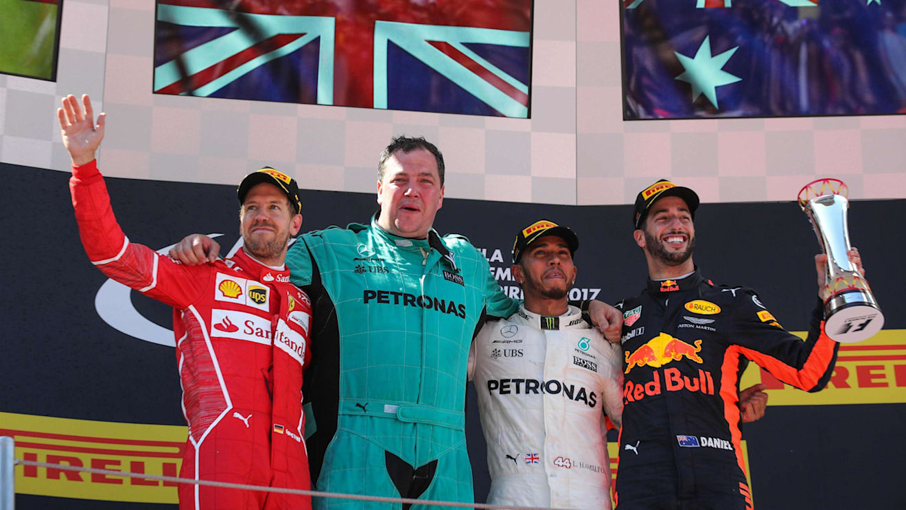 Sebastian Vettel (GER) Ferrari, Lewis Hamilton (GBR) Mercedes AMG F1 and Daniel Ricciardo (AUS) Red Bull Racing celebrate on the podium at Formula One World Championship, Rd5, Spanish Grand Prix, Race, Barcelona, Spain, Sunday 14 May 2017. © Sutton Motorsport Images
