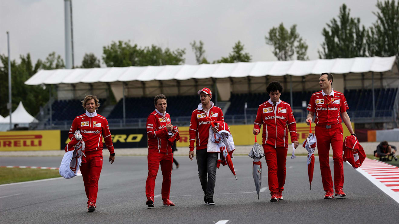 Sebastian Vettel (GER) Ferrari and Riccardo Adami (ITA) Ferrari Engineer walk the track at Formula One World Championship, Rd5, Spanish Grand Prix, Preparations, Barcelona, Spain, Thursday 11 May 2017. © Sutton Motorsport Images