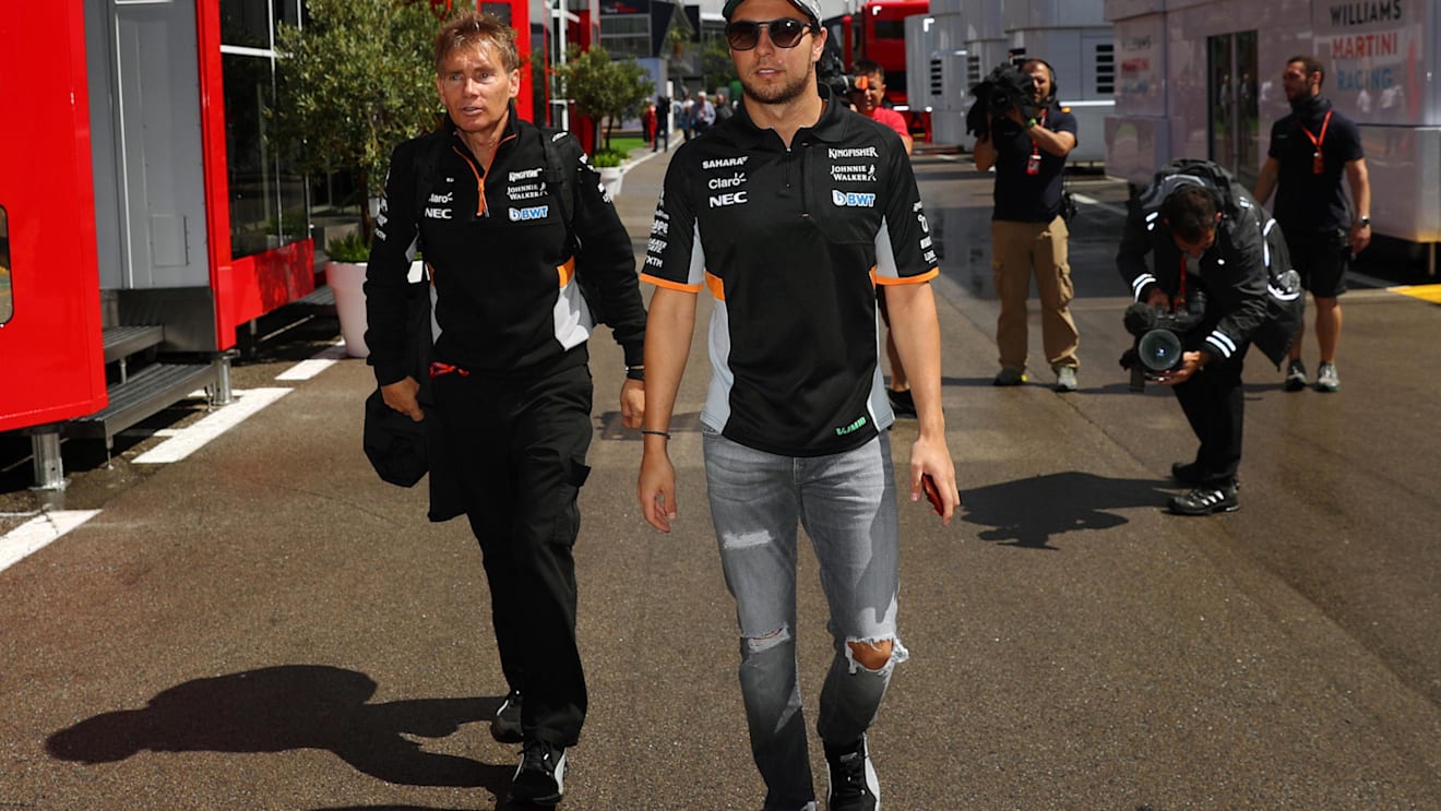 Sergio Perez (MEX) Force India and Xavi Martos (ESP) Trainer at Formula One World Championship, Rd5, Spanish Grand Prix, Preparations, Barcelona, Spain, Thursday 11 May 2017. © Sutton Motorsport Images