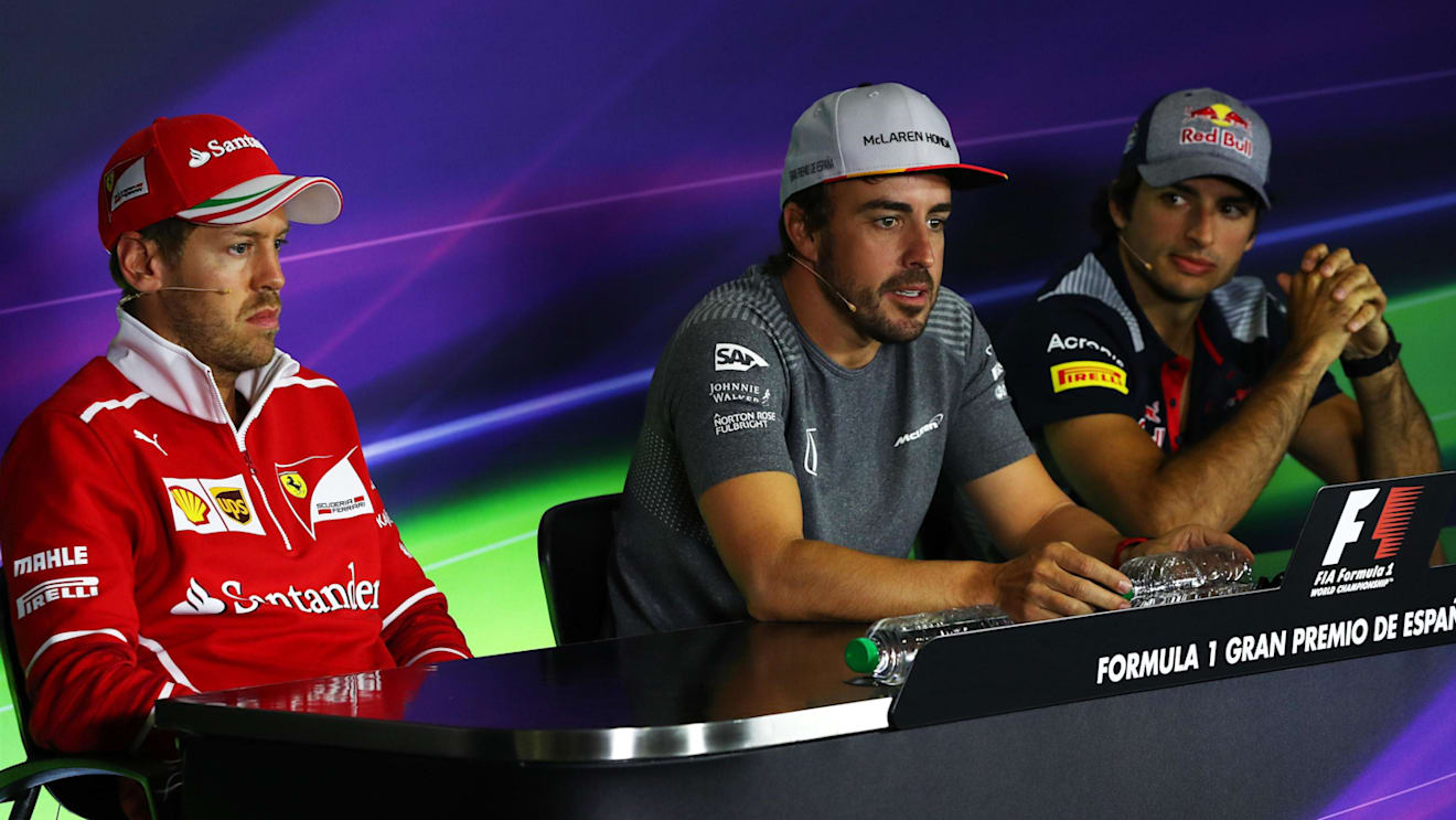 Sebastian Vettel (GER) Ferrari, Fernando Alonso (ESP) McLaren and Carlos Sainz jr (ESP) Scuderia Toro Rosso in the Press Conference at Formula One World Championship, Rd5, Spanish Grand Prix, Preparations, Barcelona, Spain, Thursday 11 May 2017. © Sutton Motorsport Images