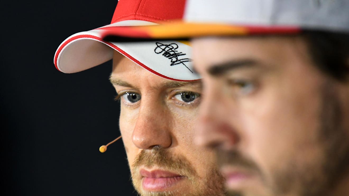 Sebastian Vettel (GER) Ferrari and Fernando Alonso (ESP) McLaren in the Press Conference at Formula One World Championship, Rd5, Spanish Grand Prix, Preparations, Barcelona, Spain, Thursday 11 May 2017. © Sutton Motorsport Images
