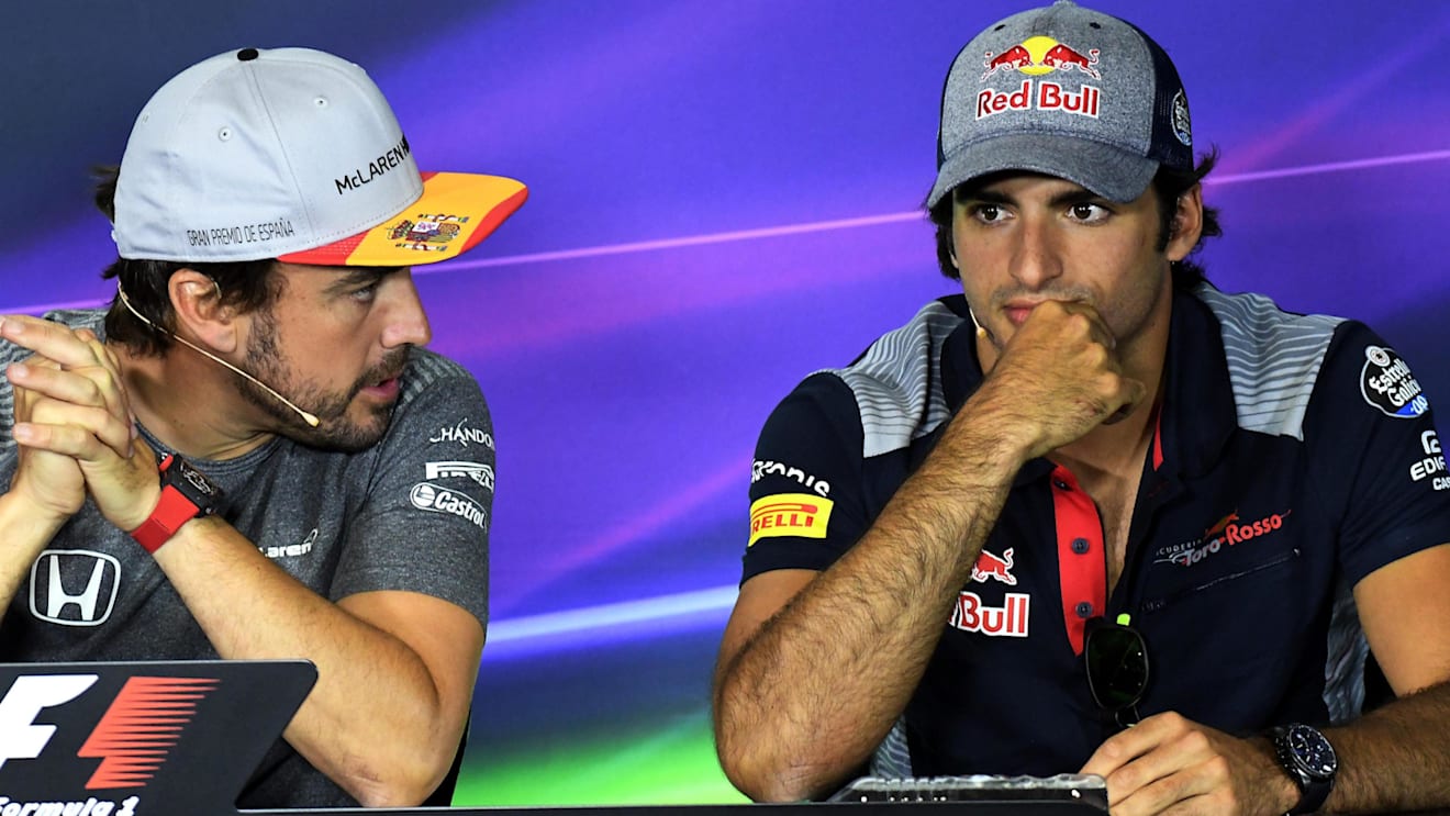 Fernando Alonso (ESP) McLaren and Carlos Sainz jr (ESP) Scuderia Toro Rosso in the Press Conference at Formula One World Championship, Rd5, Spanish Grand Prix, Preparations, Barcelona, Spain, Thursday 11 May 2017. © Sutton Motorsport Images