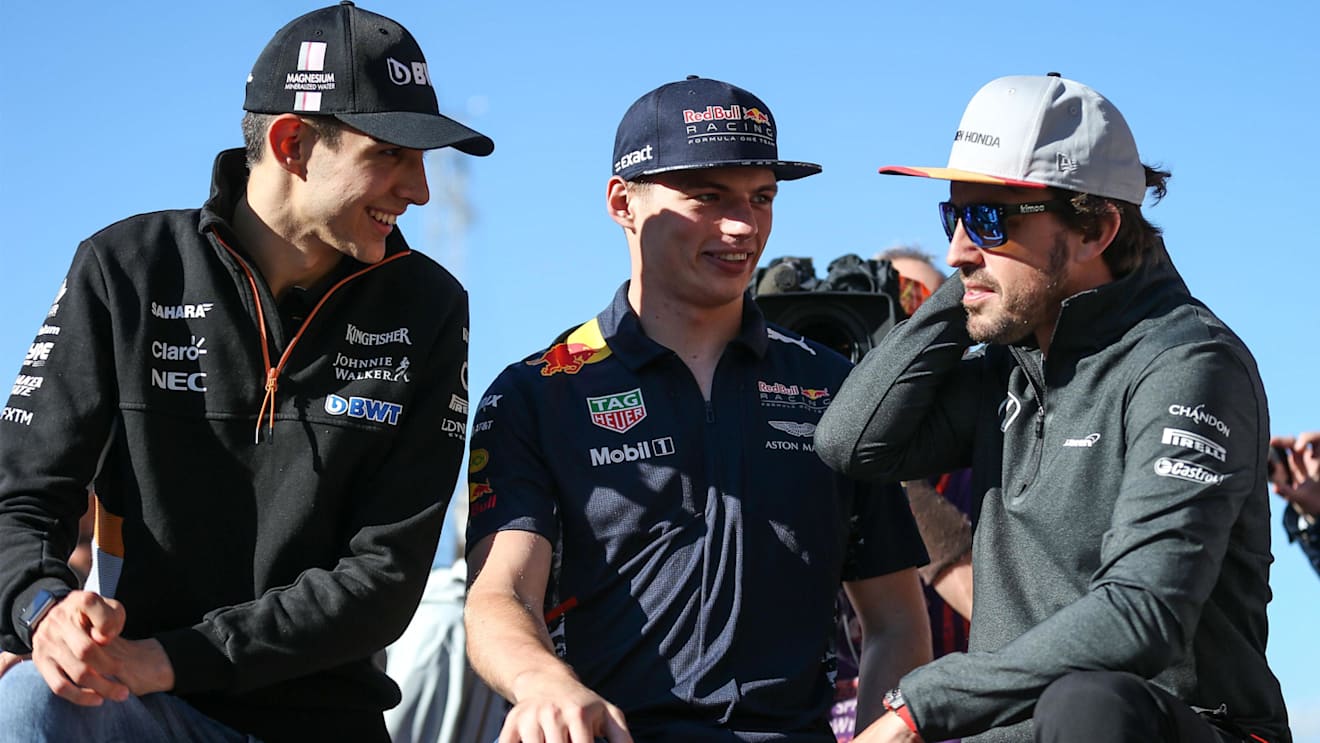Esteban Ocon (FRA) Force India F1, Max Verstappen (NED) Red Bull Racing and Fernando Alonso (ESP) McLaren at Formula One World Championship, Rd5, Spanish Grand Prix, Preparations, Barcelona, Spain, Thursday 11 May 2017. © Sutton Motorsport Images