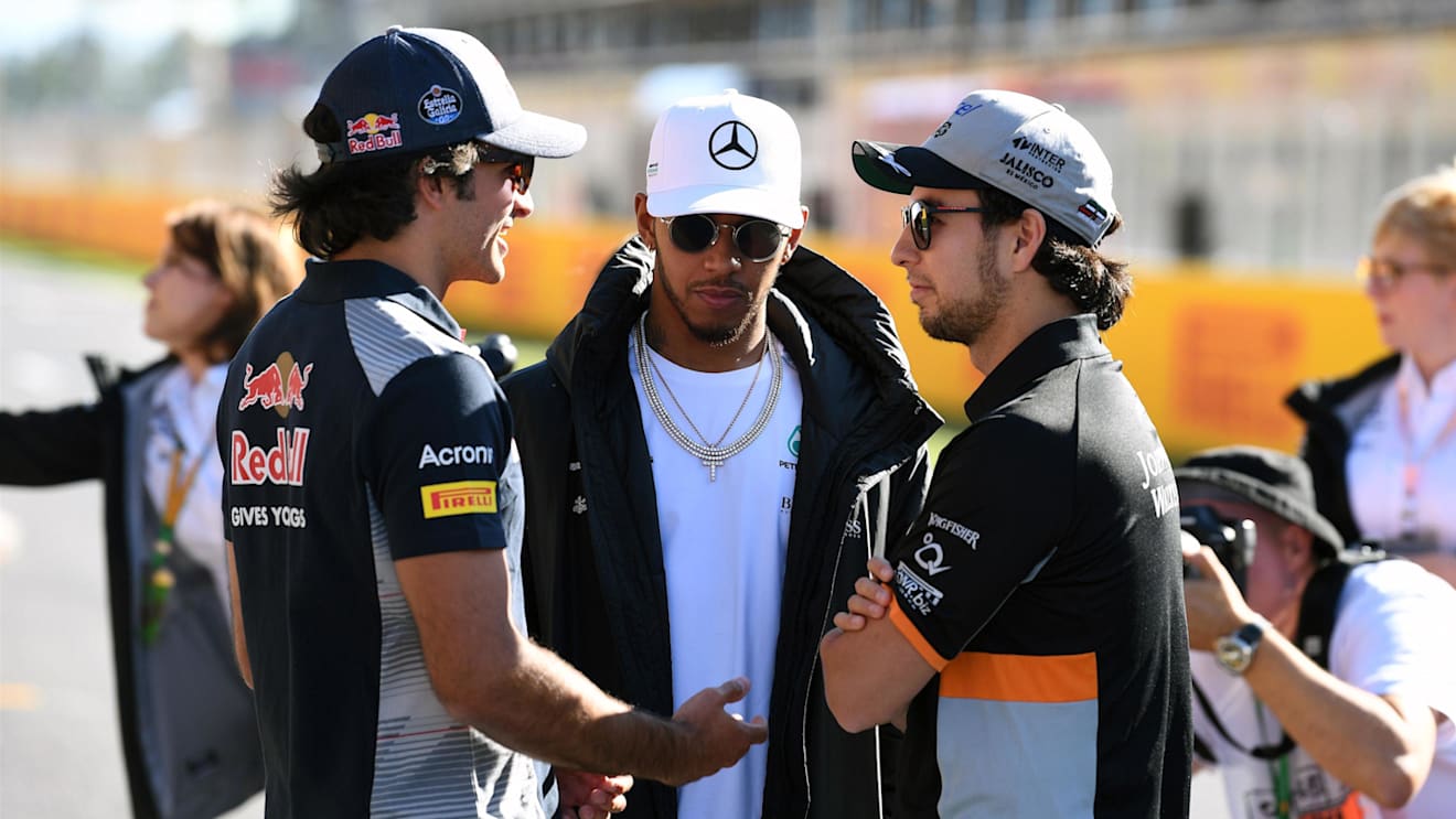 Carlos Sainz jr (ESP) Scuderia Toro Rosso, Lewis Hamilton (GBR) Mercedes AMG F1 and Sergio Perez (MEX) Force India at Formula One World Championship, Rd5, Spanish Grand Prix, Preparations, Barcelona, Spain, Thursday 11 May 2017. © Sutton Motorsport Images