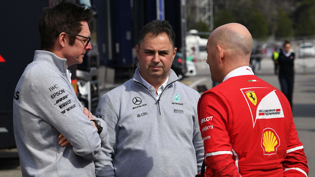 Andy Shovlin (GBR), Mercedes AMG F1 Chief Engineer, Ron Meadows (GBR) Mercedes AMG F1 Team Manager and Jock Clear (GBR) Ferrari Chief Engineer at Formula One Testing, Day Four, Barcelona, Spain, 2 March 2017. © Sutton Images