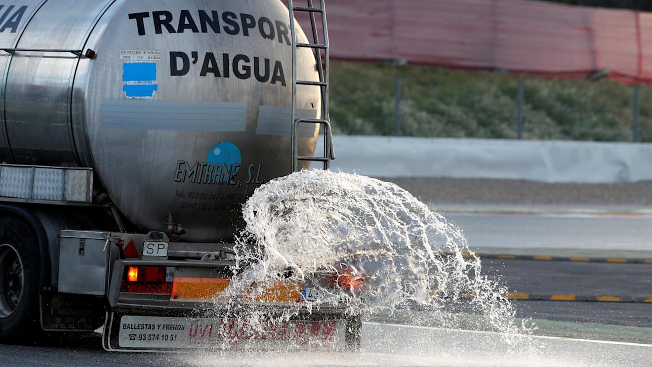 The track is watered at Formula One Testing, Day Four, Barcelona, Spain, 2 March 2017. © Sutton Images