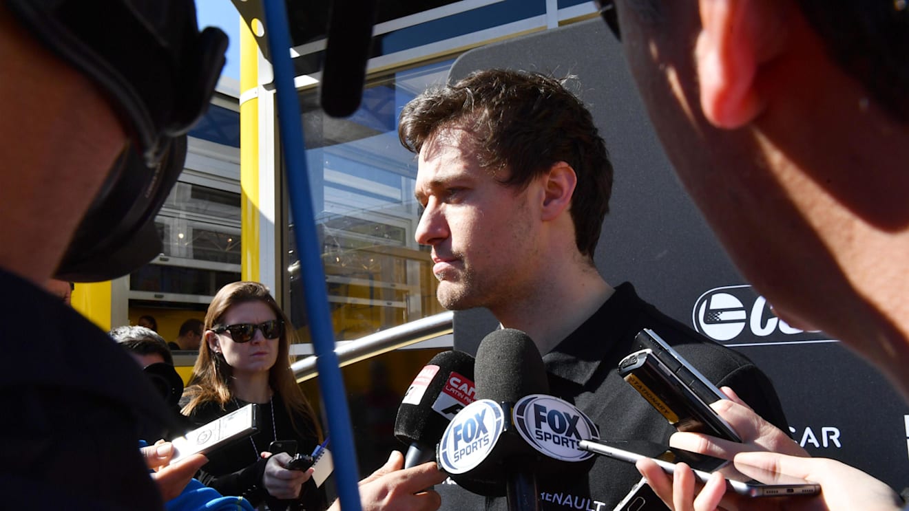 Jolyon Palmer (GBR) Renault Sport F1 Team talks with the media at Formula One Testing, Day Three, Barcelona, Spain, 1 March 2017. © Sutton Images