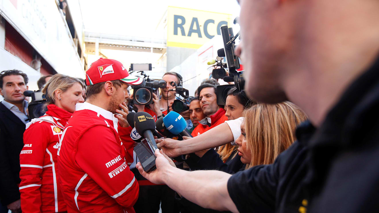 Sebastian Vettel (GER) Ferrari talks with the media at Formula One Testing, Day Three, Barcelona, Spain, 1 March 2017. © Sutton Images
