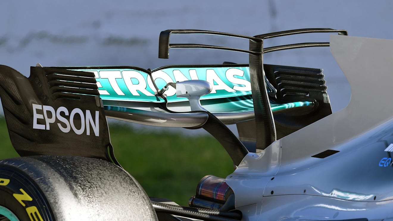 Mercedes-Benz F1 W08 Hybrid rear wing detail at Formula One Testing, Day Four, Barcelona, Spain, 10 March 2017. © Sutton Images